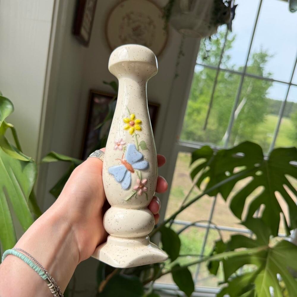 Ceramic Candle Holder Vintage Handmade Butterfly Flower Painted